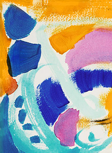 Abstraktes, expressives Bild in Orangegelb, Blau und Violett